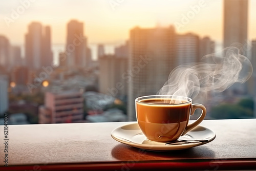 A cup of hot coffee on a table with cityscape background