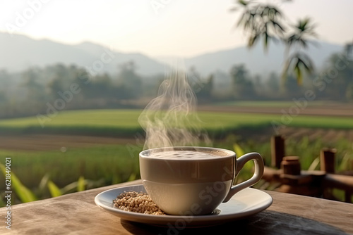 A cup of hot coffee on a table with fields in the village background
