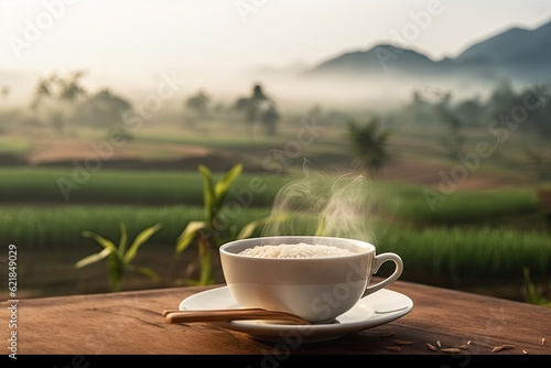 A cup of hot coffee on a table with fields in the village background