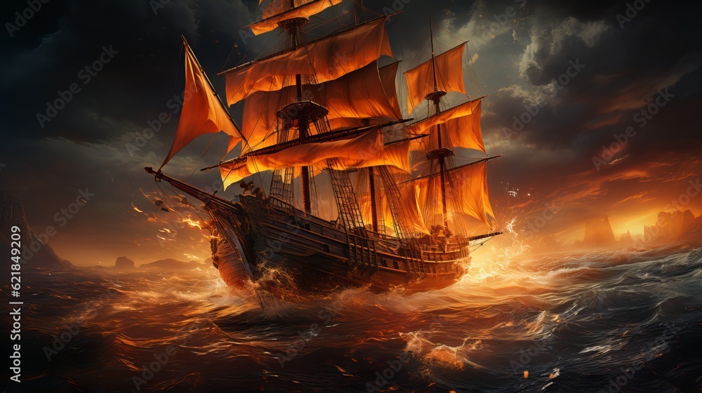 Obraz premium Drawing of an old sailboat on the waves Generative AI