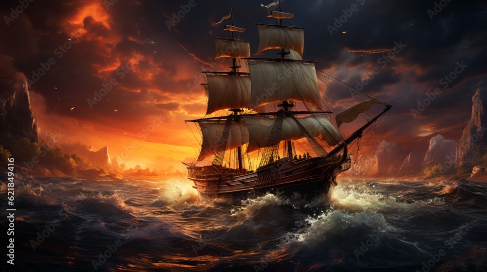 Obraz premium Drawing of an old sailboat on the waves Generative AI