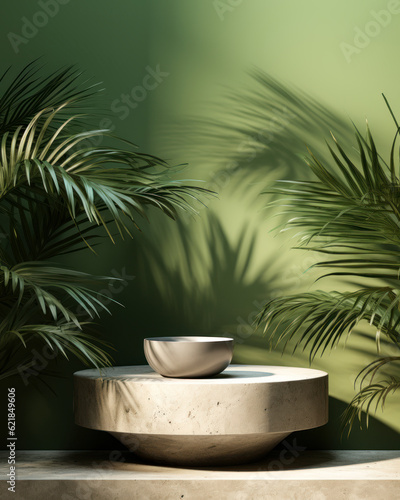 Natural Beauty Display: Dark Green Wall with Modern Concrete Podium and Palm Tree