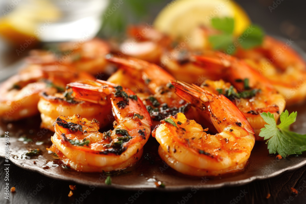 Plating design of Grilled shrimp on the table Plating design of Grilled shrimp on the table