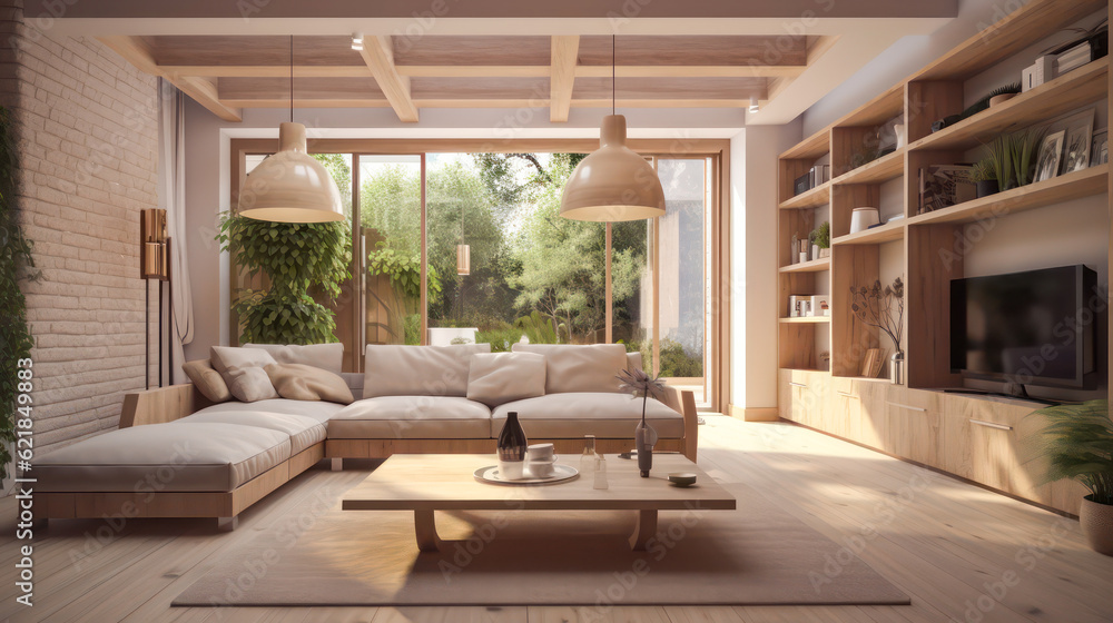 3D rendering Living Room and Garden Concept, Indoor-Outdoor Living with a Harmonious Blend of Nature and Interior Design, Creating a Tranquil Retreat for Relaxation and Entertainment