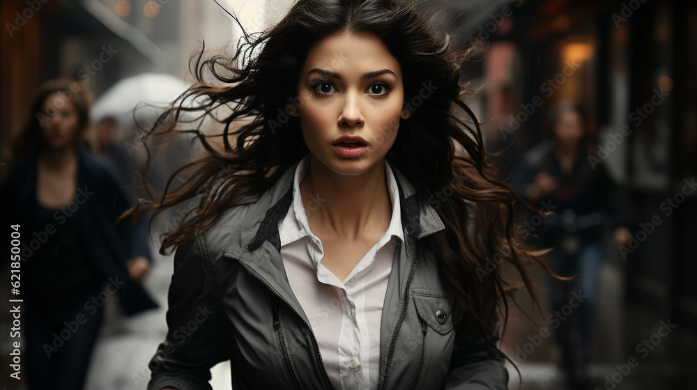 Woman running in panic. Generative Ai Woman running in panic. Generative Ai
