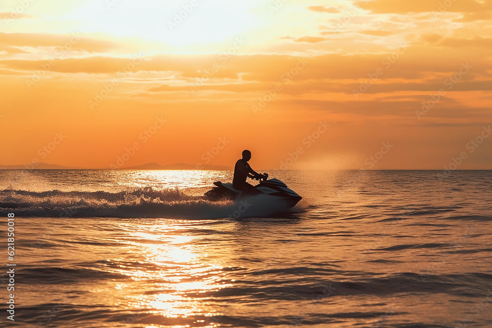 illustration of a person riding a jet ski in the sunset 