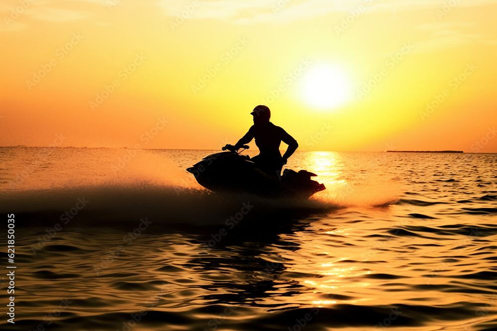 illustration of a person riding a jet ski in the sunset 