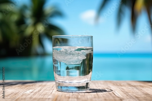 A glass of ice water on a table with a beach background
