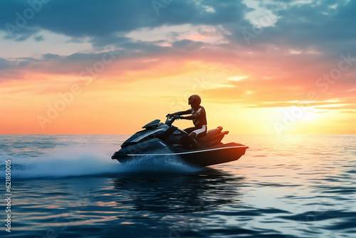 illustration of a person riding a jet ski in the sunset  © GHArtwork