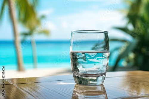 A glass of ice water on a table with a beach background