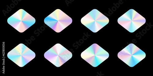 A set of realistic holograms in the form of a rhombus. Rainbow color gradient. Multicolored texture.3d vector illustration on a black background.