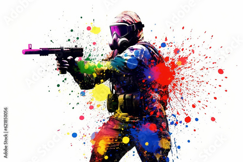 illustration of a person playing paintball and holding a gun with colorful background