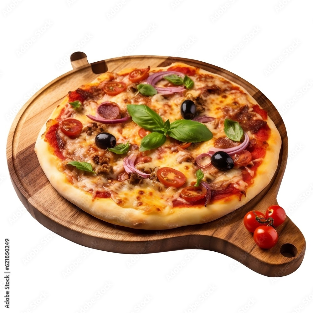 Pizza on a wooden board generative ai