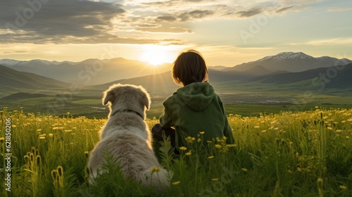 friendship concept picture of a boy and a dog are relaxing at natural green field sunset. 