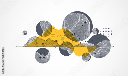 Modern science technology abstract background using circle shapes. Wireframe spot surface illustration.