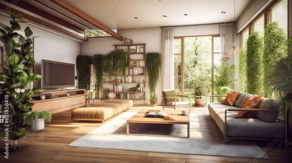 3D rendering Living Room and Garden Concept, Indoor-Outdoor Living with a Harmonious Blend of Nature and Interior Design, Creating a Tranquil Retreat for Relaxation and Entertainment 3D rendering Living Room and Garden Concept, Indoor-Outdoor Living with a Harmonious Blend of Nature and Interior Design, Creating a Tranquil Retreat for Relaxation and Entertainment