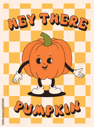 Funny Retro Fall greeting card with retro cartoon Pumpkin Character in groovy 70s Vintage Style. Happy Autumn Illustration with pumpkin spice latte and pumpkin pie. Contour vector illustration.