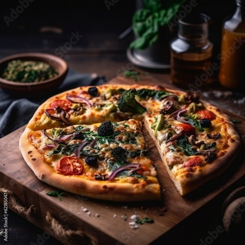 Pizza on a wooden board generative ai