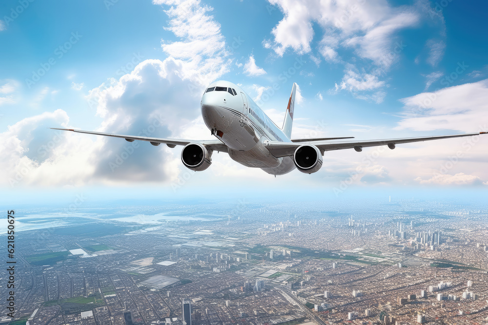 Commercial plane flying above the cityscape in a beautiful day, Modern and fastest mode of transportation Commercial plane flying above the cityscape in a beautiful day, Modern and fastest mode of transportation
