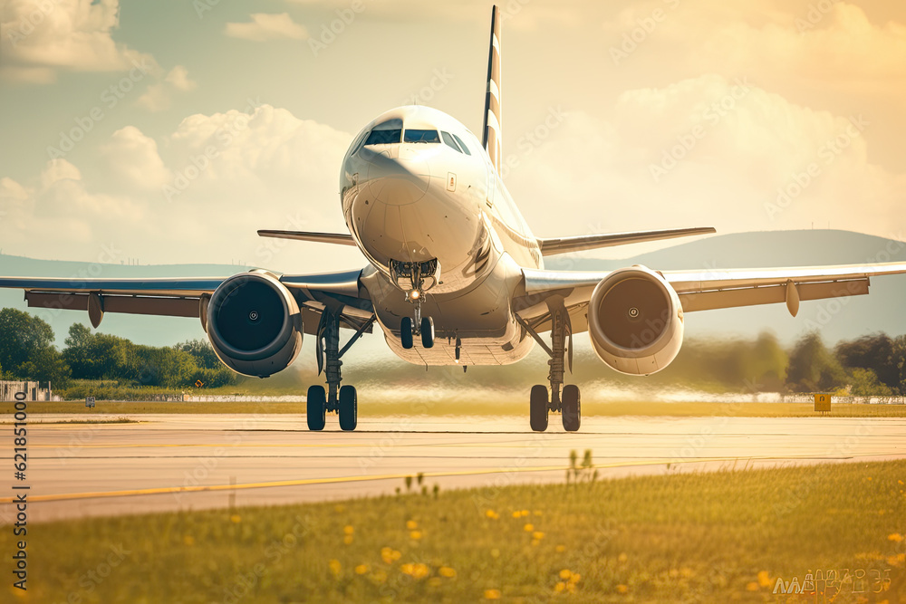 Naklejka premium Commercial plane is taking off with cityscape background, Modern and fastest mode of transportation