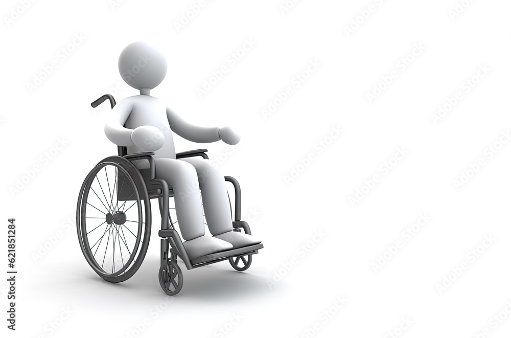 A person is sitting in a wheelchair on a gray background
