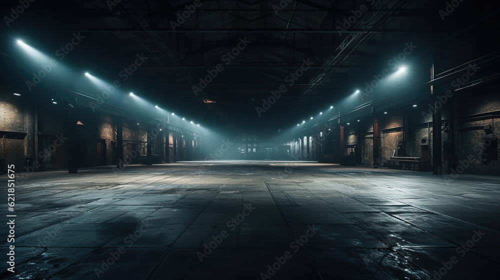 Evoking an Ambiance of Empty Warehouse with Dramatic Lighting. Generative Ai