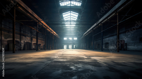 Fotografia, Obraz Evoking an Ambiance of Empty Warehouse with Dramatic Lighting