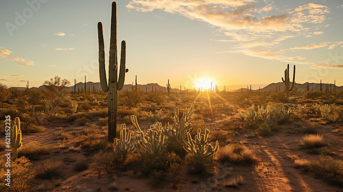 A Serene Journey through Arizona's Saguaro Cactus Landscape at Sunset. Generative Ai photo