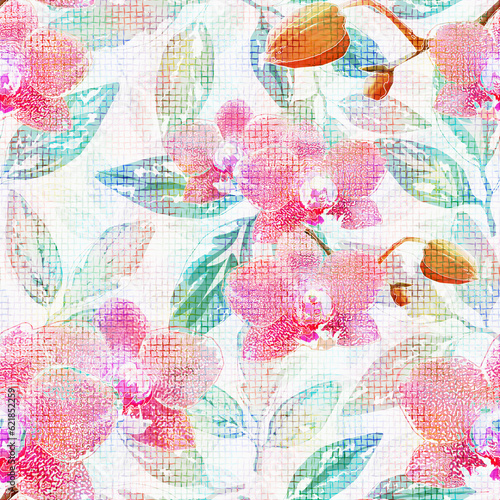 Seamless textured tropical floral pattern. Pink orchids on a light background.