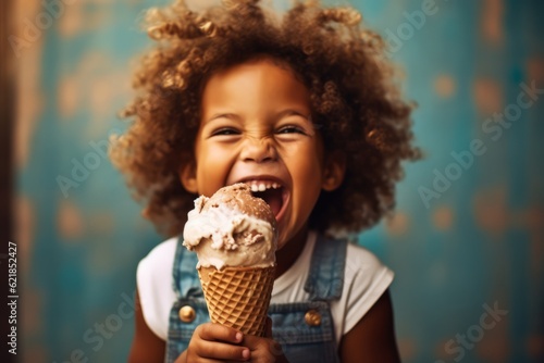 Childs hands holding a dripping ice cream cone with a big smile, evoking pure delight and capturing the simple joy of indulging in ice cream. Selective focus on ice cream. Generative Ai