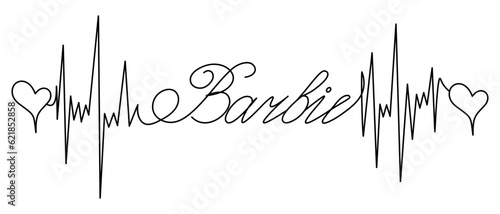 Barbie. The text is embellished with pulses and hearts. Sketch. Vector illustration. Broken zigzag line and romantic lettering in italics. Outline on isolated background. Idea for web design