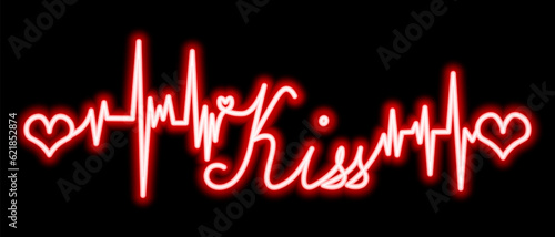 Kiss. The text is embellished with pulses and hearts. Red neon glow. Color vector illustration. Broken zigzag line and romantic lettering in italics. Isolated black background. Idea for web design