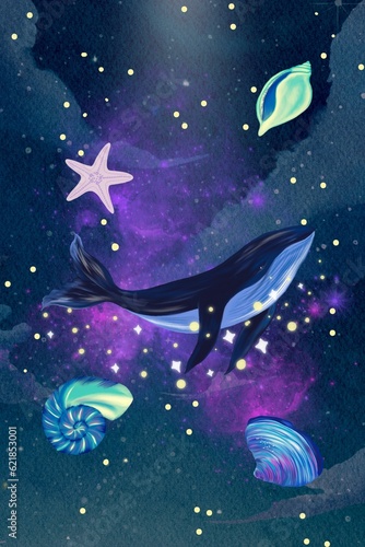 Whales playing blue sky nautical in dream illustration