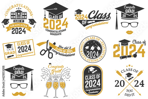 Set of Vector Class of 2024 badges Concept for shirt, print, seal, overlay or stamp, greeting, invitation card. Typography design- stock vector.