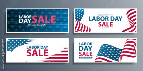 Labor Day Sale Set. United States Labor Day commercial banners with American national flag background. USA national holiday sales promotion. Vector illustration.