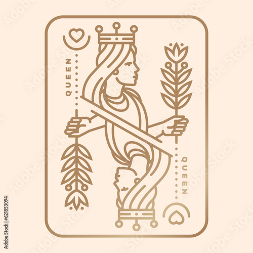 Queen playing card. Vector illustration. Esoteric, magic Royal playing card queen design collection. Line art minimalist style