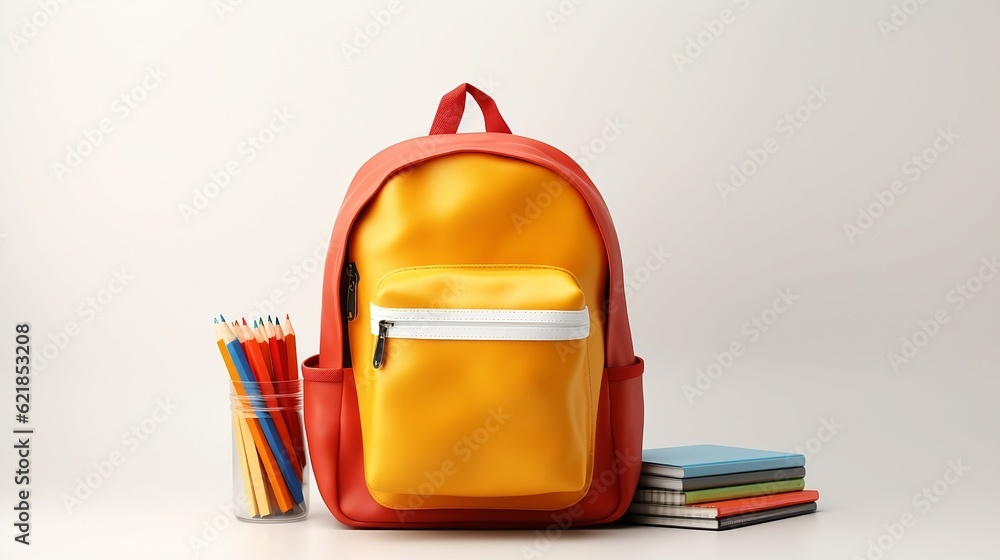 Yellow red backpack with stack of books and notebooks and colored pencils and pens isolated on white background, back to school concept, promo banner with copy space Yellow red backpack with stack of books and notebooks and colored pencils and pens isolated on white background, back to school concept, promo banner with copy space