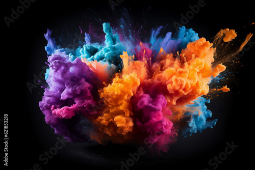Colorful rainbow holi paint color powder explosion isolated black background. Generative AI  