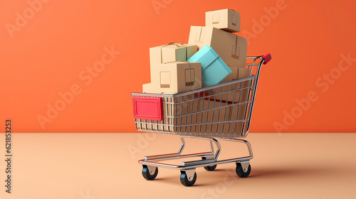 a shopping cart with cardboard boxes on pastel color background. Generative Ai photo