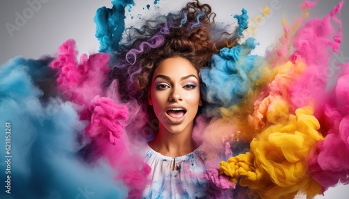 Happy Latin girl smiling in a cloud of colorful smoke and powder on a white background  having fun  colors  LGBTQ   party  peace  inclusive  beauty  freedom. Generative AI.