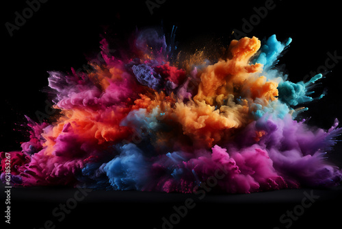 Colorful rainbow holi paint color powder explosion isolated black background. Generative AI 