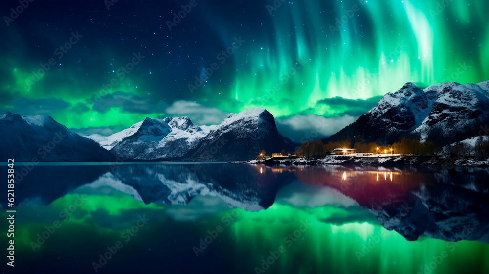 Aurora borealis over fjord and mountains at night.AI Generated