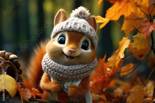 A charming anthropomorphic squirrel wearing a cozy knitted scarf.