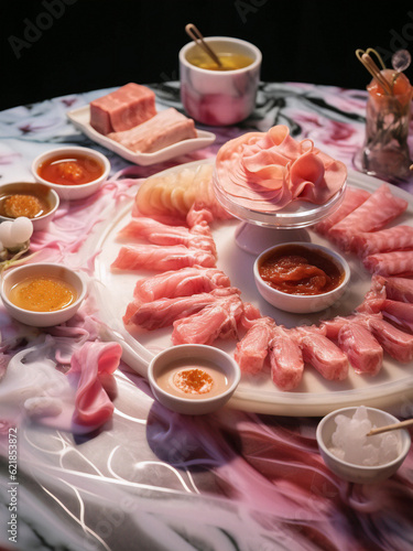 A collection of raw shredded meats is displayed on a table
