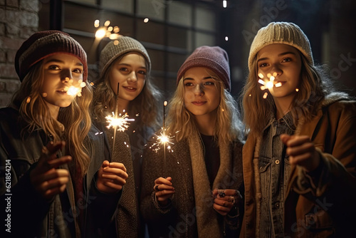 Happy joyful people with sparkler fireworks. Bengal fire are showered with sparks in hands. Young friends who set fire to Bengal lights outdoors, created with Generative AI.