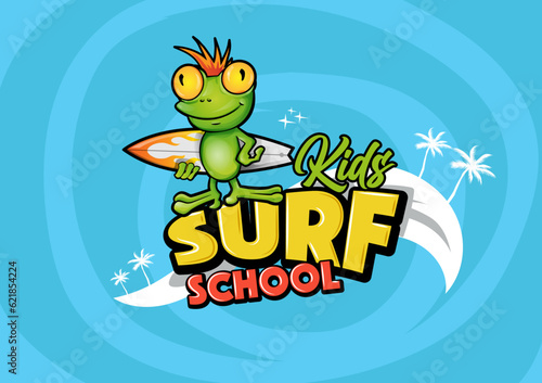 Surf school text with frog cartoon, wear, sports camp, trip, banner, surf station.Vector illustration