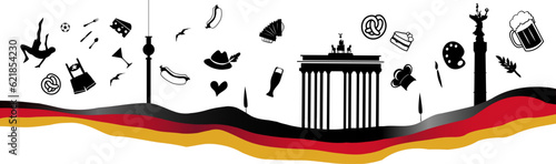 germany travel banner with symbol element on Waving  flag