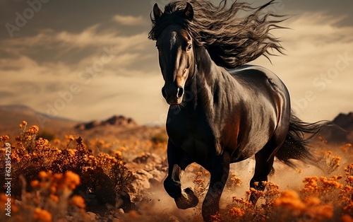 A black horse running through a field of tall grass. AI