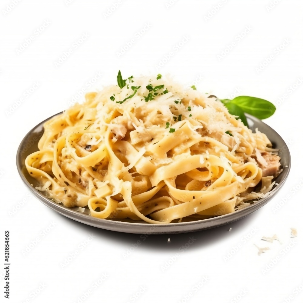 Fettuccine alfredo with parmesan cheese isolated on white background generative ai Fettuccine alfredo with parmesan cheese isolated on white background generative ai