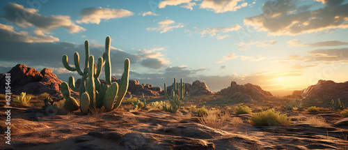Fotografiet Cactus in the desert at sunrise